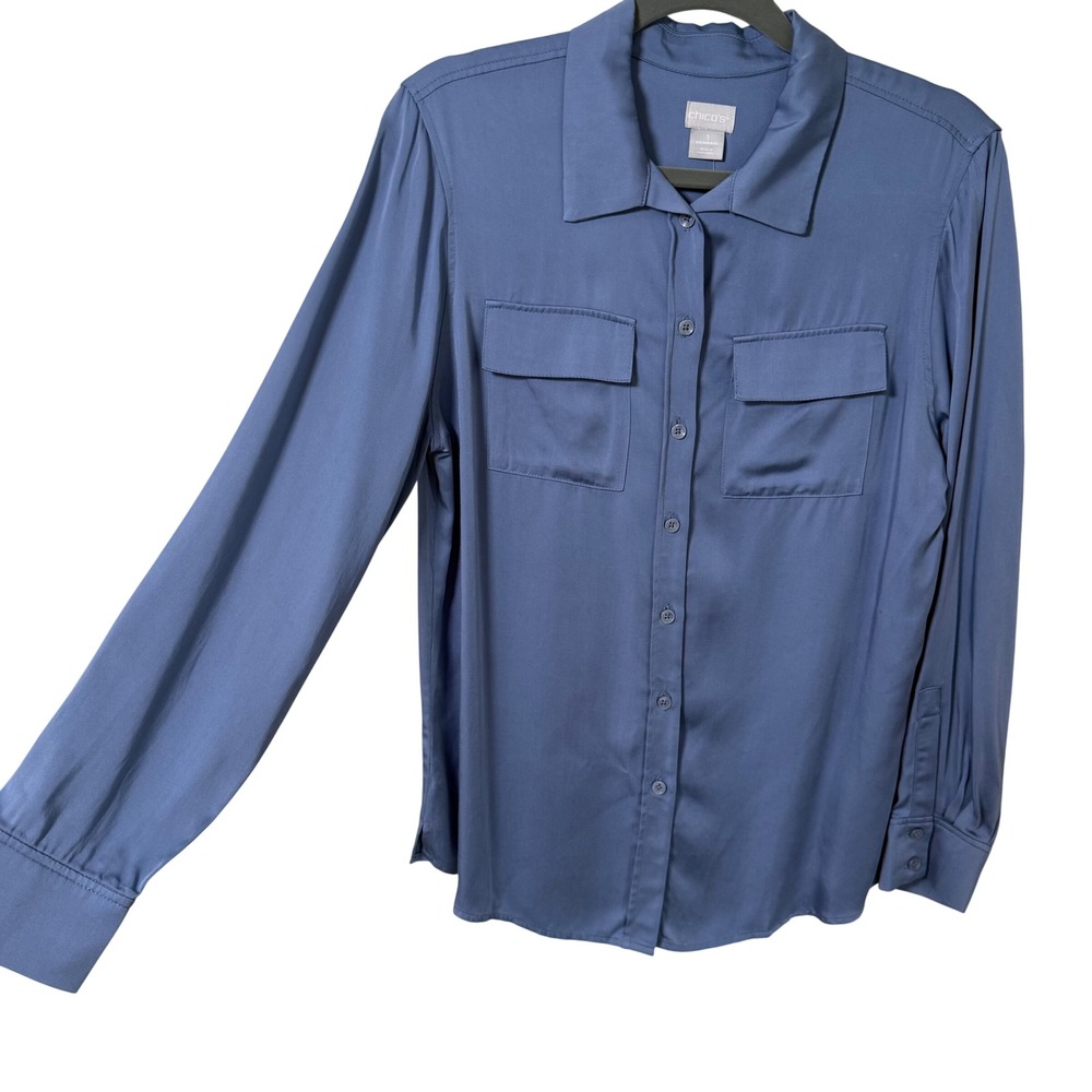 Chico's Sandwash Satin Shirt Size Medium 100% Modal Button Down Top Staple Work
